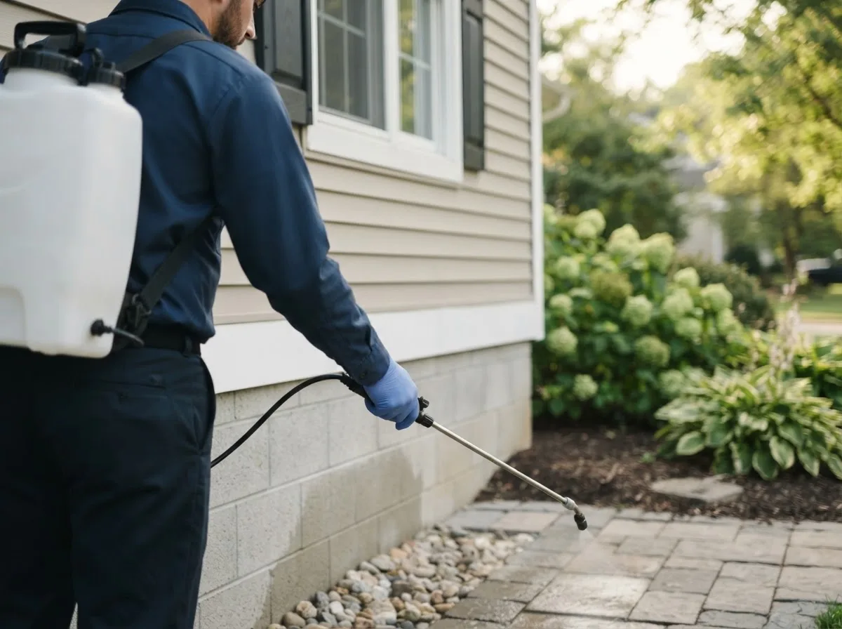 Pest control technician inspecting a home in Green Camp, OH